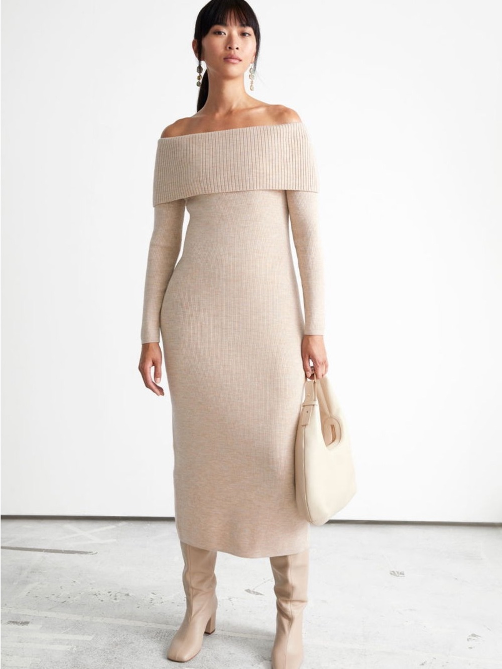 & Other Stories Beige Off-Shoulder Ribbed Midi Dress